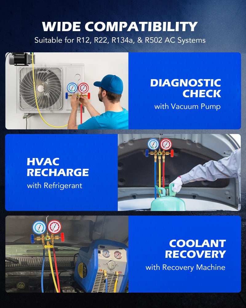 Orion Motor Tech AC Gauges, Automotive AC Gauge Set for R134a R12 R22 R502, 3 Way AC Manifold Gauge Set with 5FT Hoses Couplers & Adapter, R134A Can Tap Freon Recharge Kit for HVAC - Image 4